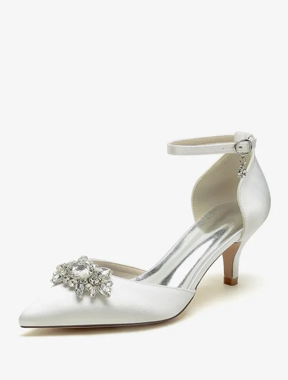 Wedding Shoes Bridal Pumps Satin Pointed Toe Rhinestones