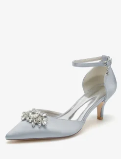 Wedding Shoes Bridal Pumps Satin Pointed Toe Rhinestones