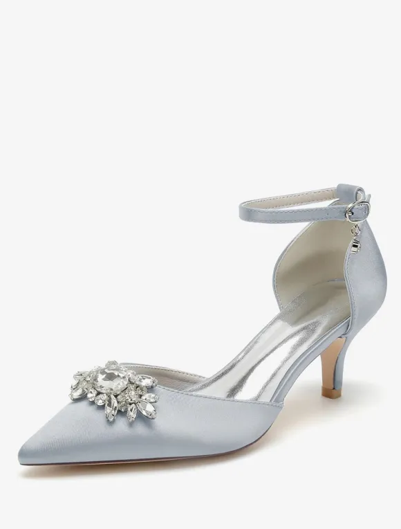 Wedding Shoes Bridal Pumps Satin Pointed Toe Rhinestones