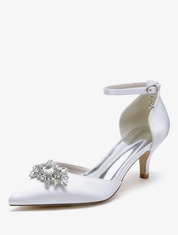 Wedding Shoes Bridal Pumps Satin Pointed Toe Rhinestones