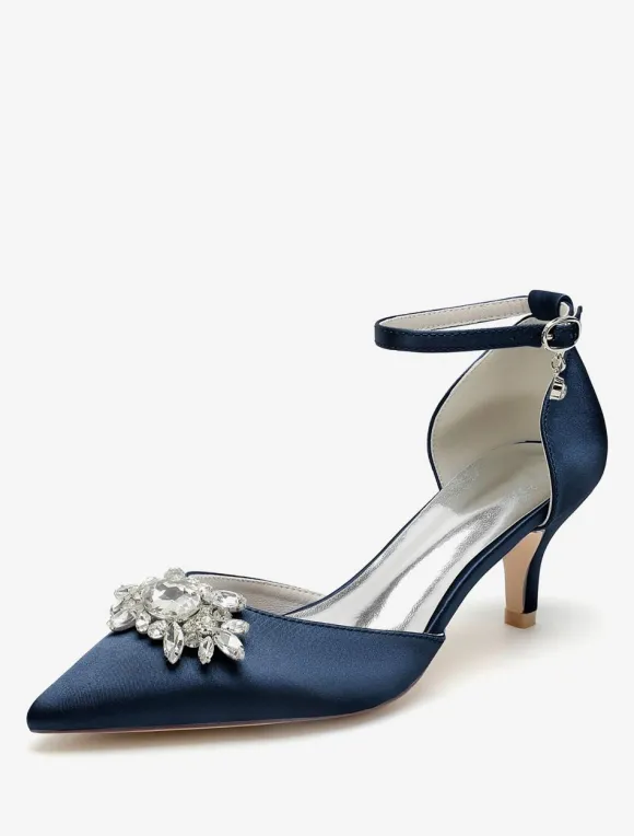 Wedding Shoes Bridal Pumps Satin Pointed Toe Rhinestones