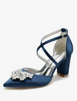 Wedding Shoes Bridal Pumps Satin Pointed Toe Rhinestones