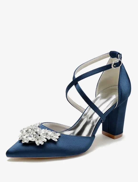 Wedding Shoes Bridal Pumps Satin Pointed Toe Rhinestones
