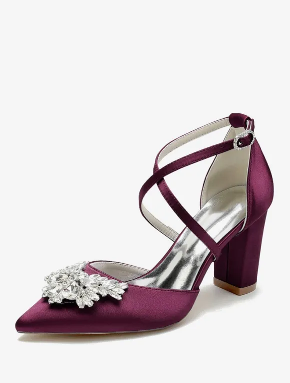 Wedding Shoes Bridal Pumps Satin Pointed Toe Rhinestones