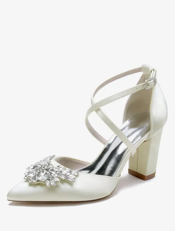 Wedding Shoes Bridal Pumps Satin Pointed Toe Rhinestones