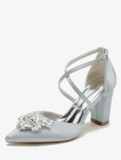 Wedding Shoes Bridal Pumps Satin Pointed Toe Rhinestones