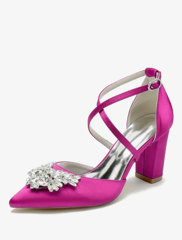 Wedding Shoes Bridal Pumps Satin Pointed Toe Rhinestones