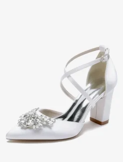 Wedding Shoes Bridal Pumps Satin Pointed Toe Rhinestones