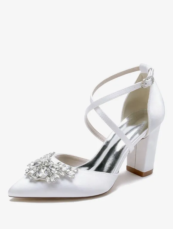 Wedding Shoes Bridal Pumps Satin Pointed Toe Rhinestones