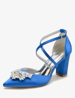 Wedding Shoes Bridal Pumps Satin Pointed Toe Rhinestones