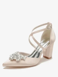 Wedding Shoes Bridal Pumps Satin Pointed Toe Rhinestones