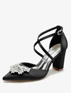Wedding Shoes Bridal Pumps Satin Pointed Toe Rhinestones