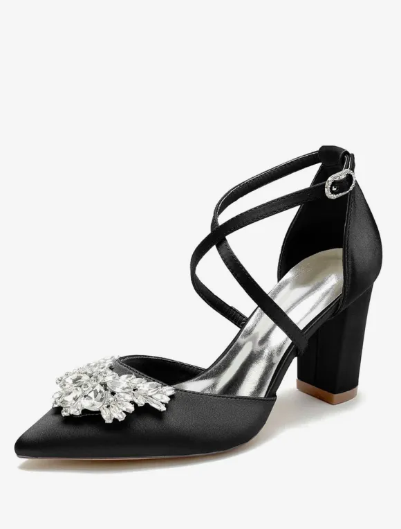 Wedding Shoes Bridal Pumps Satin Pointed Toe Rhinestones