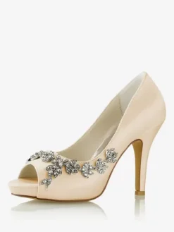 Wedding Shoes Bridal Pumps Satin Peep Toe Rhinestones