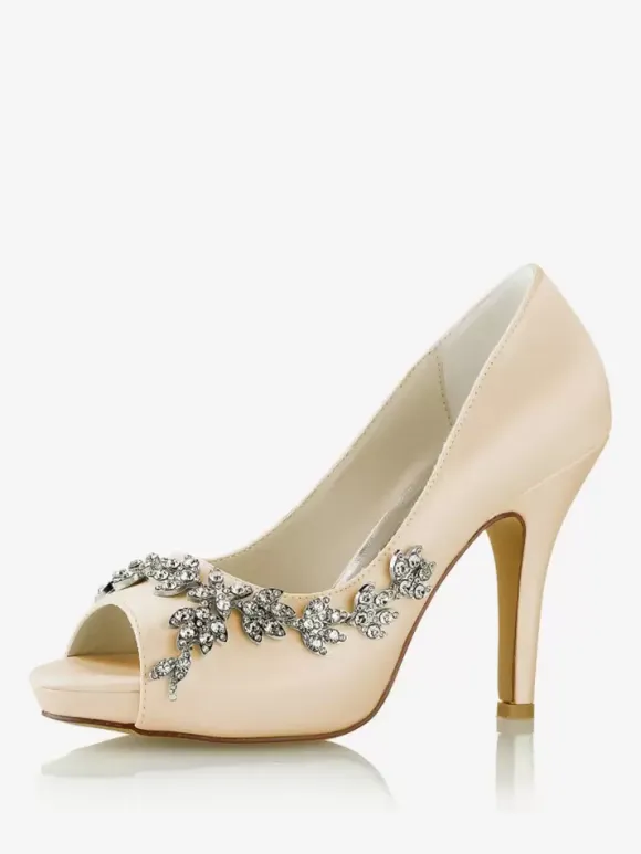 Wedding Shoes Bridal Pumps Satin Peep Toe Rhinestones
