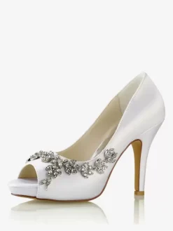 Wedding Shoes Bridal Pumps Satin Peep Toe Rhinestones