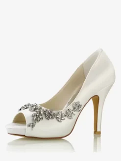 Wedding Shoes Bridal Pumps Satin Peep Toe Rhinestones