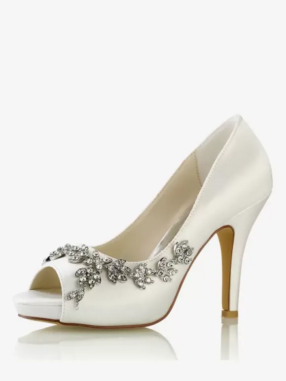 Wedding Shoes Bridal Pumps Satin Peep Toe Rhinestones