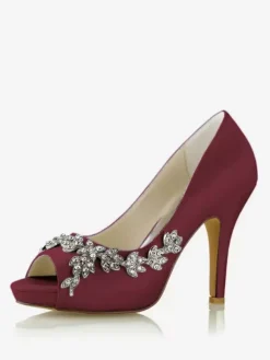 Wedding Shoes Bridal Pumps Satin Peep Toe Rhinestones