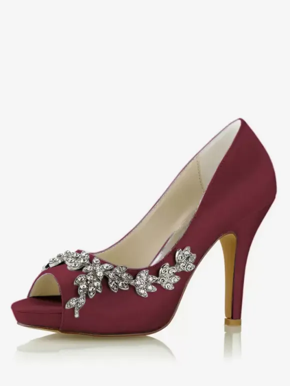Wedding Shoes Bridal Pumps Satin Peep Toe Rhinestones