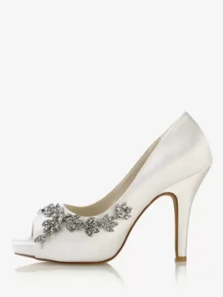 Wedding Shoes Bridal Pumps Satin Peep Toe Rhinestones