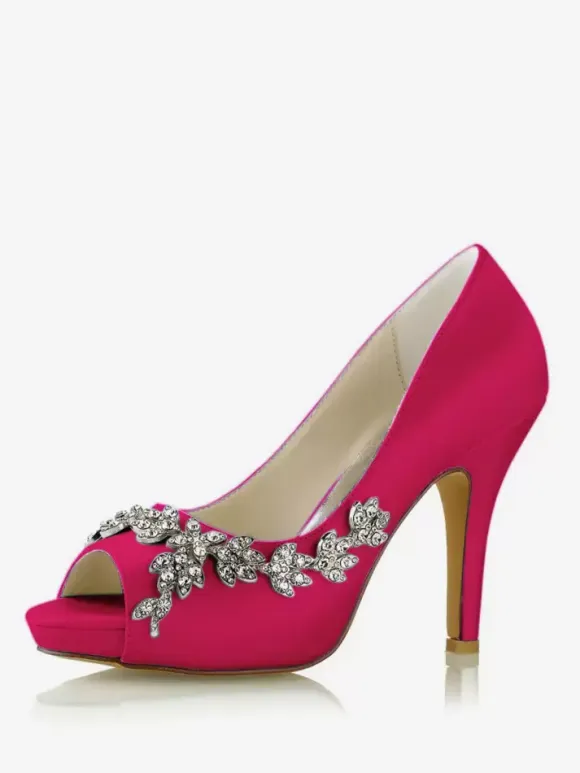 Wedding Shoes Bridal Pumps Satin Peep Toe Rhinestones