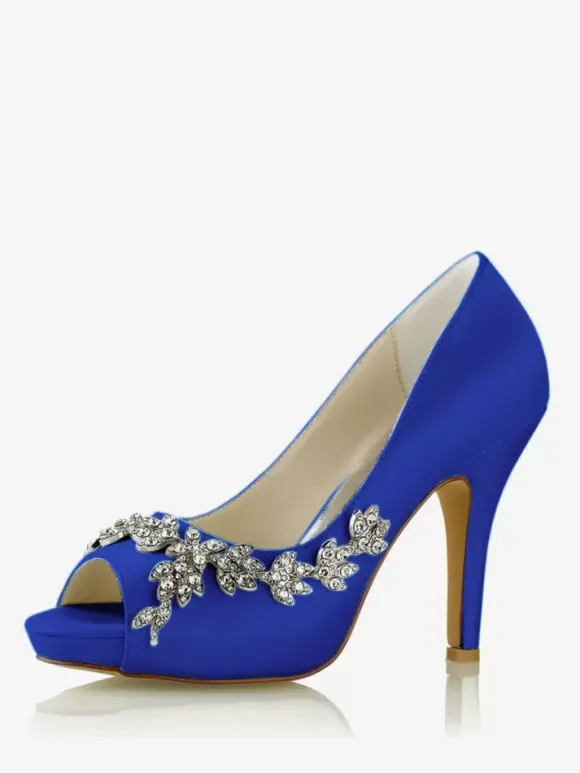 Wedding Shoes Bridal Pumps Satin Peep Toe Rhinestones