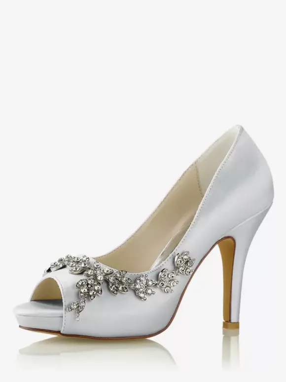 Wedding Shoes Bridal Pumps Satin Peep Toe Rhinestones