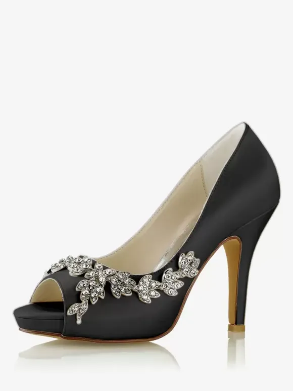 Wedding Shoes Bridal Pumps Satin Peep Toe Rhinestones