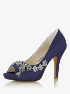 Wedding Shoes Bridal Pumps Satin Peep Toe Rhinestones