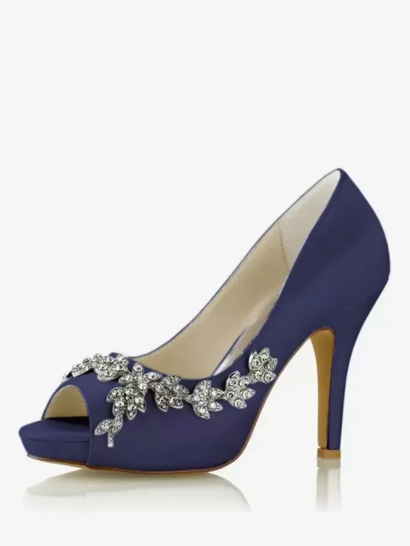 Wedding Shoes Bridal Pumps Satin Peep Toe Rhinestones