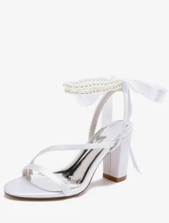 Wedding Shoes Satin White Bows Open Toe Wedding Sandals