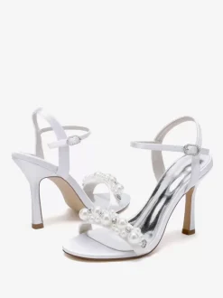 Wedding Shoes Satin White Rhinestones Open Toe Wedding Sandals
