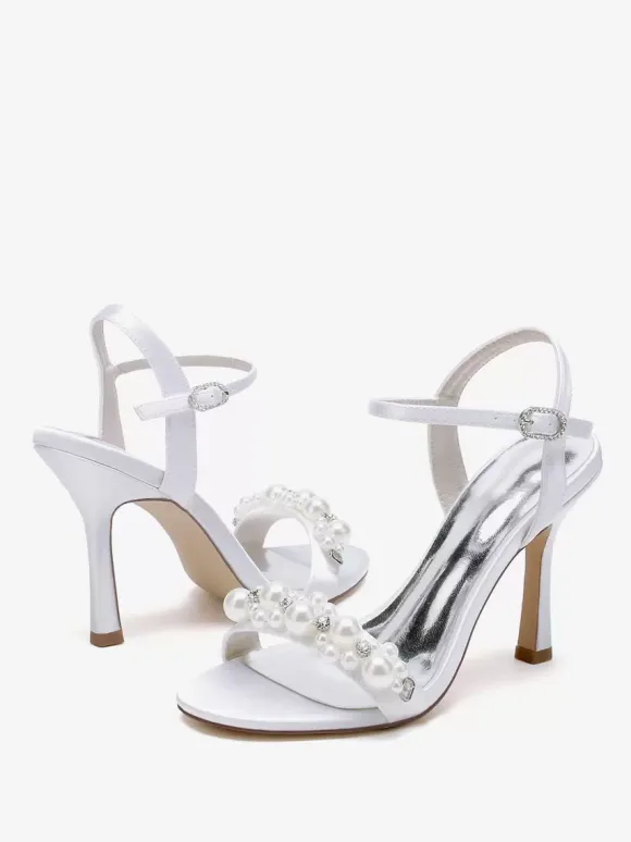 Wedding Shoes Satin White Rhinestones Open Toe Wedding Sandals