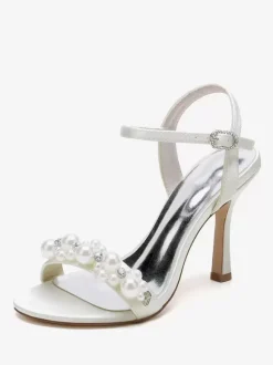 Wedding Shoes Satin White Rhinestones Open Toe Wedding Sandals