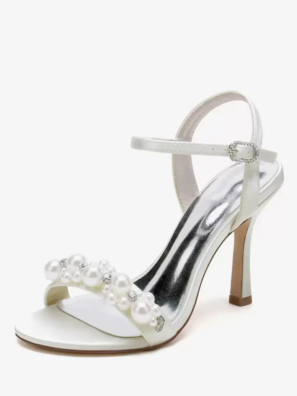 Wedding Shoes Satin White Rhinestones Open Toe Wedding Sandals