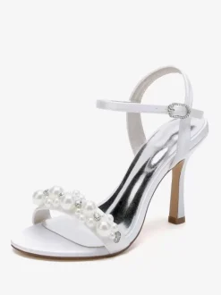 Wedding Shoes Satin White Rhinestones Open Toe Wedding Sandals