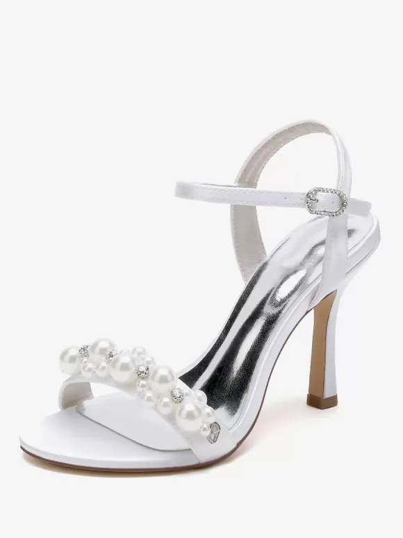 Wedding Shoes Satin White Rhinestones Open Toe Wedding Sandals
