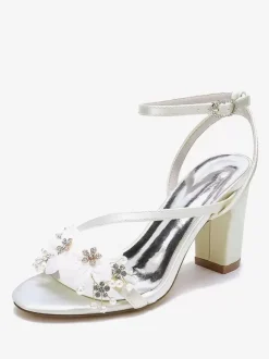 Wedding Shoes Satin White Metal Details Open Toe Wedding Sandals