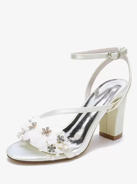 Wedding Shoes Satin White Metal Details Open Toe Wedding Sandals