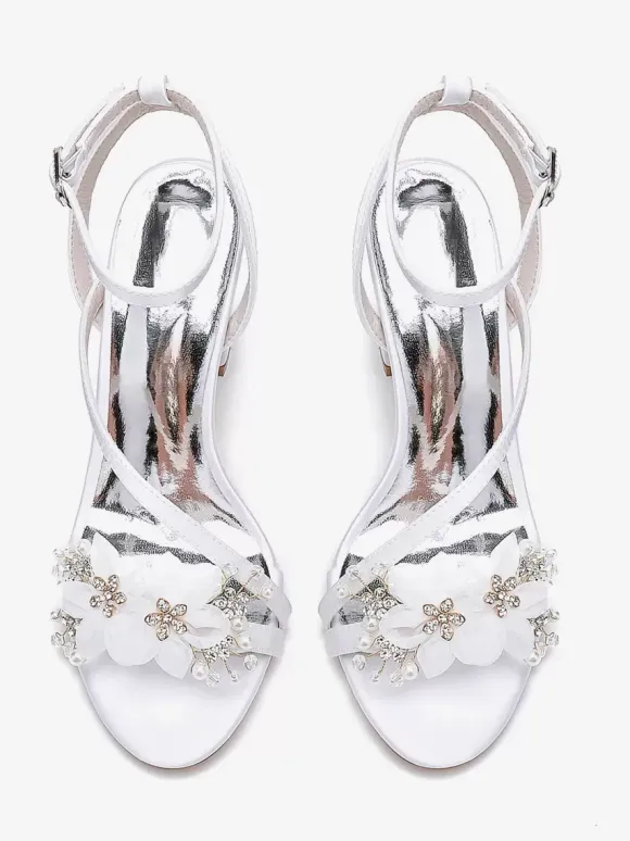 Wedding Shoes Satin White Metal Details Open Toe Wedding Sandals