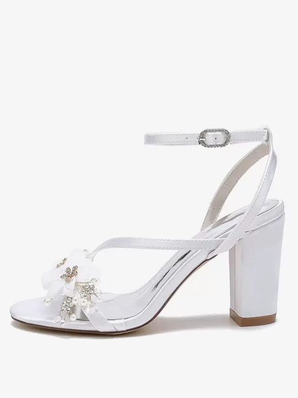 Wedding Shoes Satin White Metal Details Open Toe Wedding Sandals