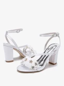 Wedding Shoes Satin White Metal Details Open Toe Wedding Sandals