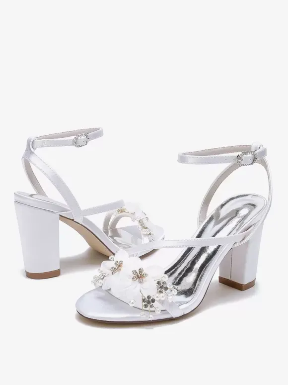 Wedding Shoes Satin White Metal Details Open Toe Wedding Sandals