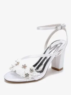 Wedding Shoes Satin White Metal Details Open Toe Wedding Sandals