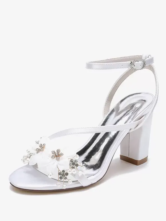 Wedding Shoes Satin White Metal Details Open Toe Wedding Sandals