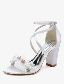 Wedding Shoes Satin White Flowers Open Toe Wedding Sandals