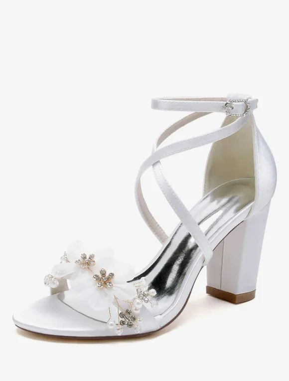 Wedding Shoes Satin White Flowers Open Toe Wedding Sandals