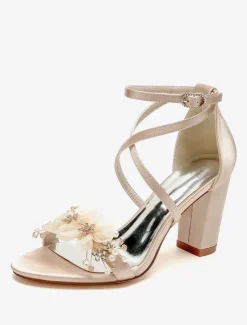 Wedding Shoes Satin White Flowers Open Toe Wedding Sandals