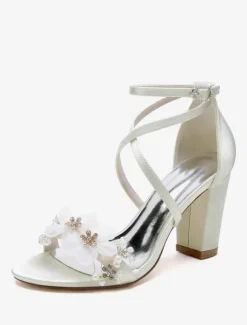 Wedding Shoes Satin White Flowers Open Toe Wedding Sandals